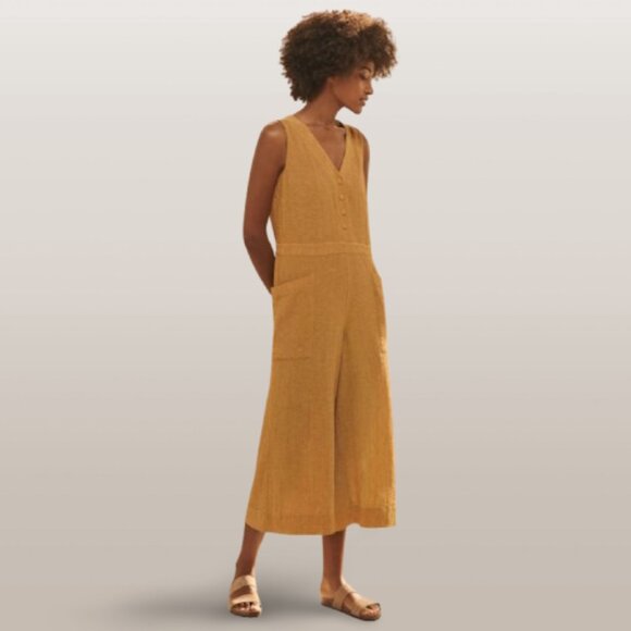 Poetry Linen Blend Jumpsuit Mustard Yellow Crinkle Sleeveless Cropped Wide Leg-6 - Picture 2 of 7